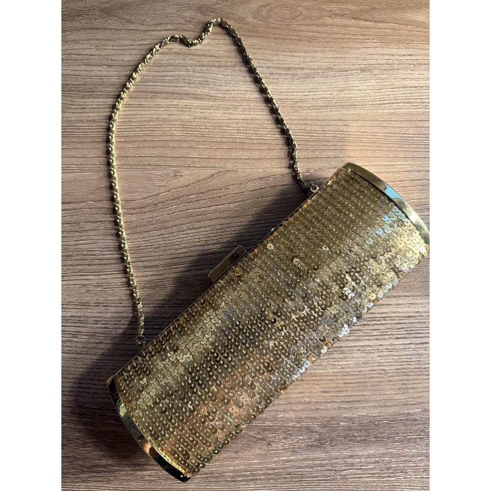 Gold Sequined Clutch Purse Cross-body Bag Metal Chain Party